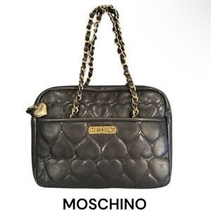 Authentic Moschino designer vintage black leather quilted heart handbag purse